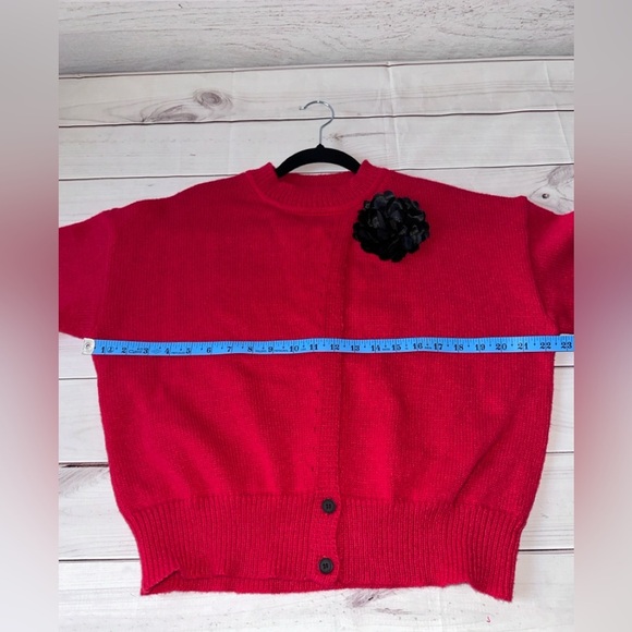 Shein Red Knit Cardigan with Black Flower Accent – Size M Office Church Party - Picture 7 of 11